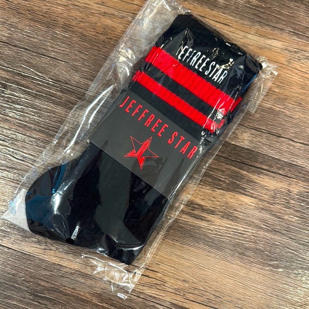 Jeffree Star Black and Red Casual Crew Socks with Sporty Design